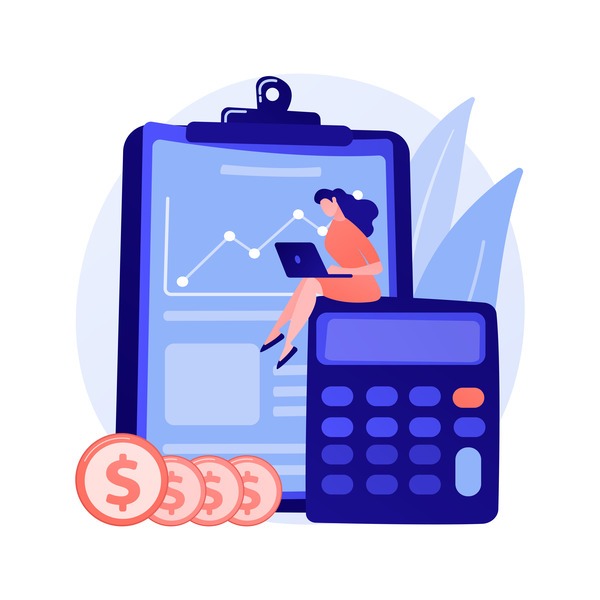 Accounting assignment help illustration with calculator, financial documents, and pound currency symbol on a blue background.