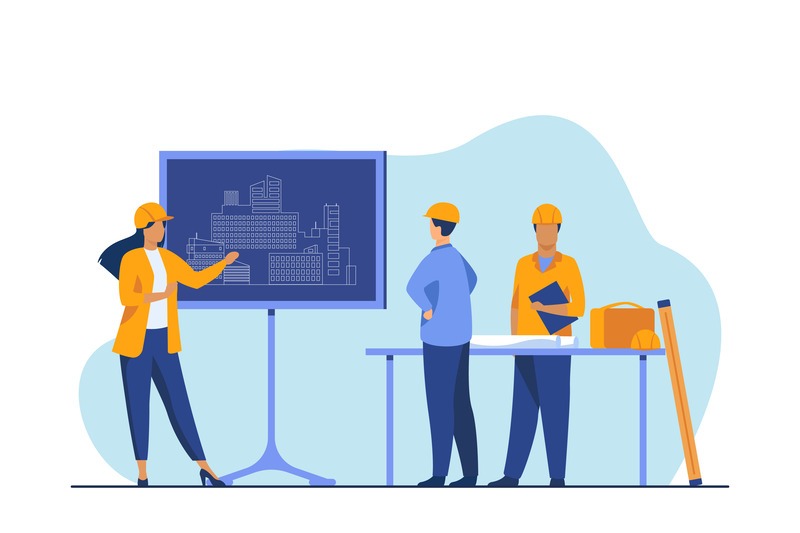 Illustration of engineers discussing a building blueprint with technical drawings on a screen, showcasing teamwork in an engineering project setting. - Online Engineering assignment help UK