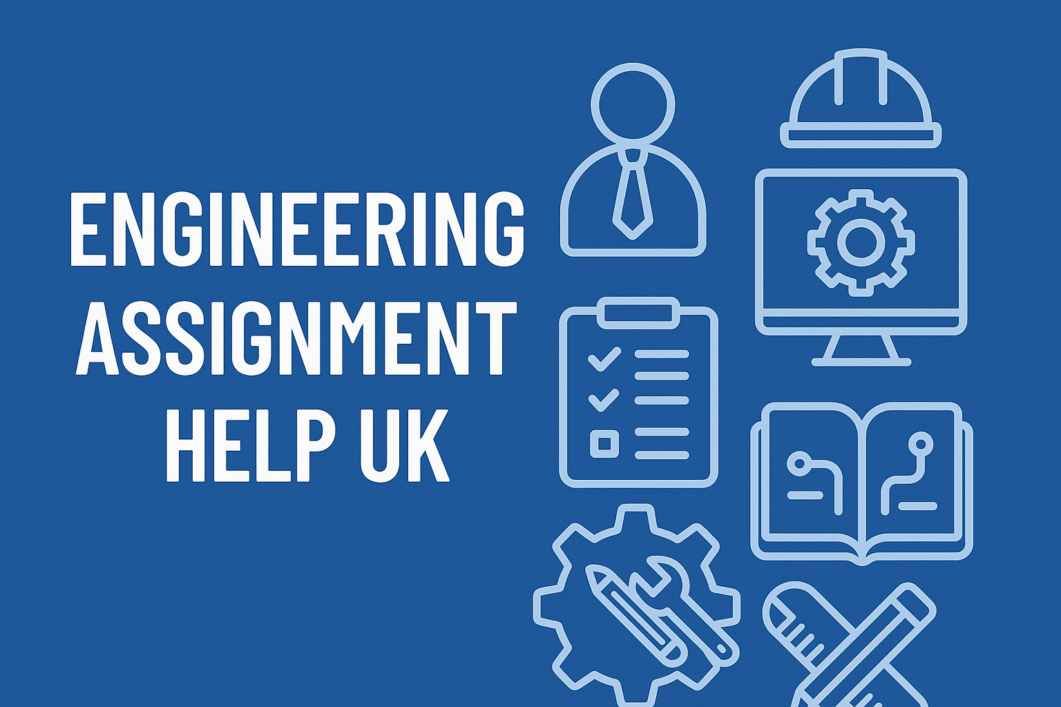 Promotional graphic for Engineering Assignment Help UK featuring bold white text and engineering-related icons such as a gear, hard hat, computer, checklist, and ruler, set against a blue background.