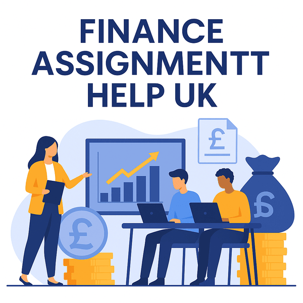 Illustration of finance students and professionals analysing graphs, charts, and financial data on a screen—representing Finance Assignment Help UK services.