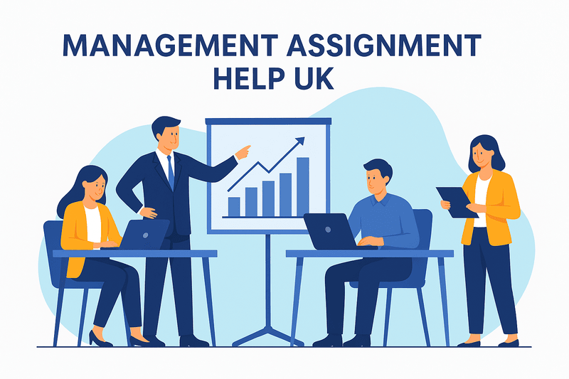 Illustration of four professionals collaborating on laptops and a presentation board showing a growth chart, promoting Management Assignment Help UK.