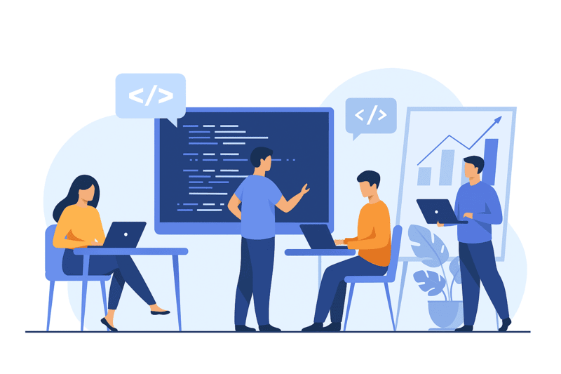 Illustration of students and developers collaborating on code using laptops, screens, and charts, representing Programming Assignment Help UK.