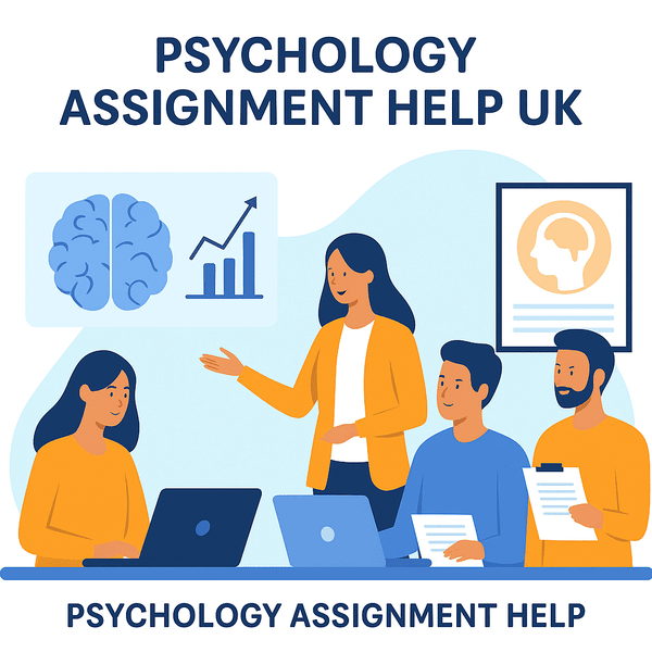Illustration of students and researchers discussing psychological concepts with charts, brains, and reports around them – representing Psychology Assignment Help UK.