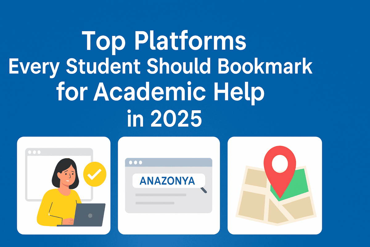 Illustration showing top platforms for academic help in 2025, including a student using a laptop, a search bar with Find US Here, and a location map icon.