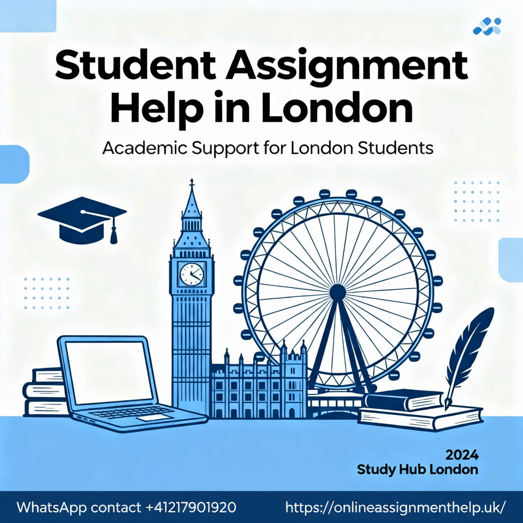 Modern graphic depicting student assignment help in London with iconic landmarks Big Ben and London Eye, featuring a laptop, books, and academic symbols in blue and white, including WhatsApp contact +441217901920 and website URL onlineassignmenthelp.uk. - Local assignment help for UK Students