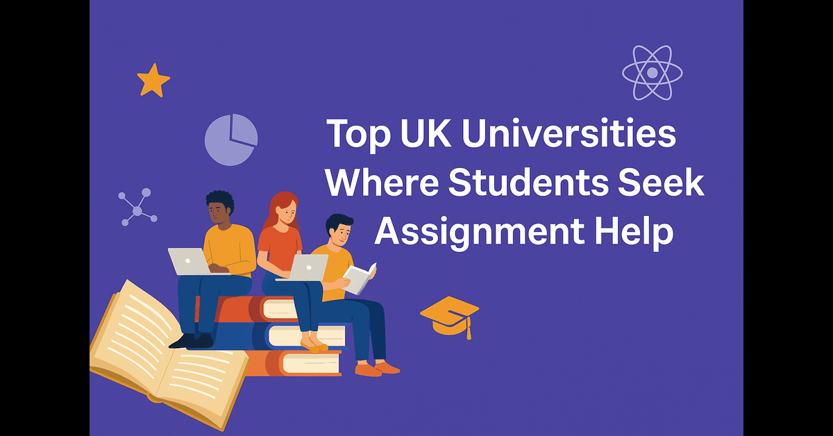 A digital graphic banner titled "Top UK Universities Where Students Seek Assignment Help" featuring academic icons, books, university buildings, and students studying, designed in a modern and professional style.