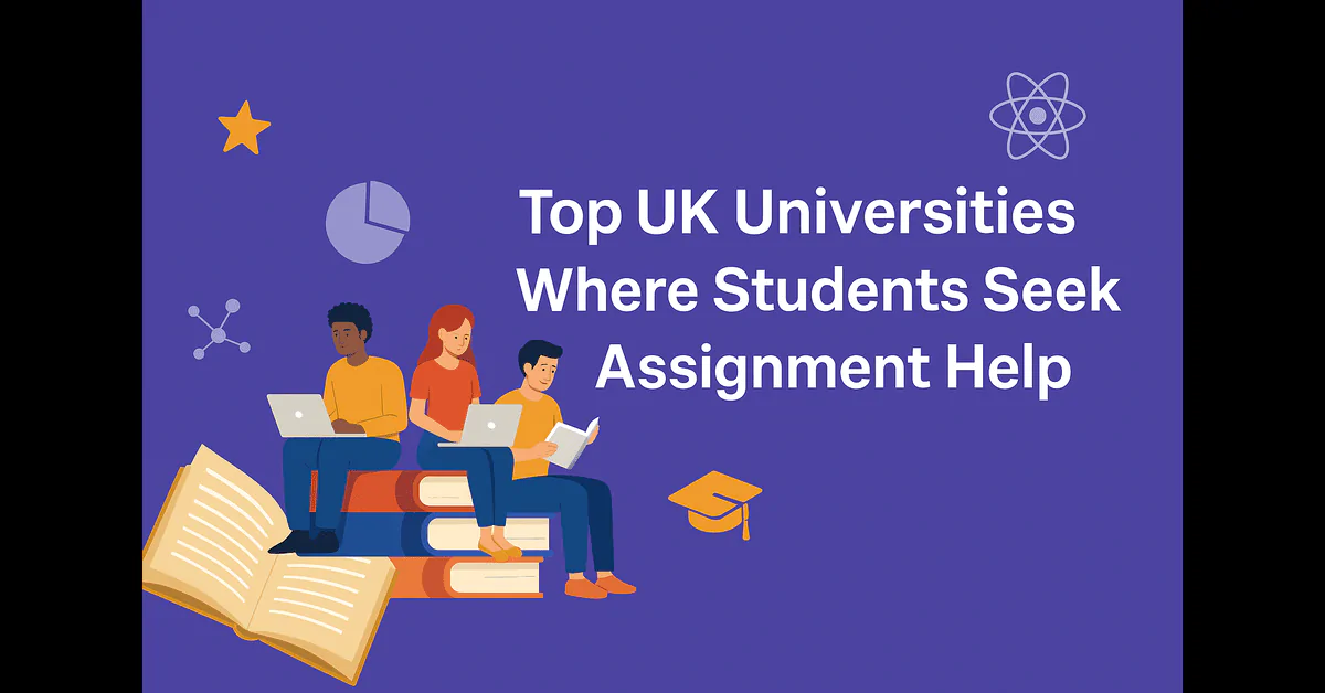 A digital graphic banner titled "Top UK Universities Where Students Seek Assignment Help" featuring academic icons, books, university buildings, and students studying, designed in a modern and professional style.