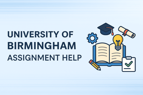 A promotional banner for University of Birmingham Assignment Help featuring academic elements, the University of Birmingham crest style, and UK-based assignment support text.